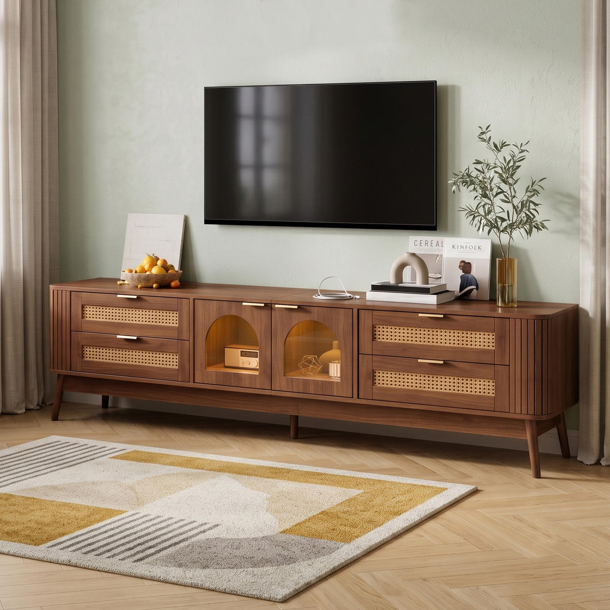 TV SKŘÍŇKA s LED osvětlením a skleněnými dvířky, ořechová, 180 × 40 × 50 cm - barva vlašského ořechu, kompozitní dřevo (180/50/40cm) - Urban Meuble