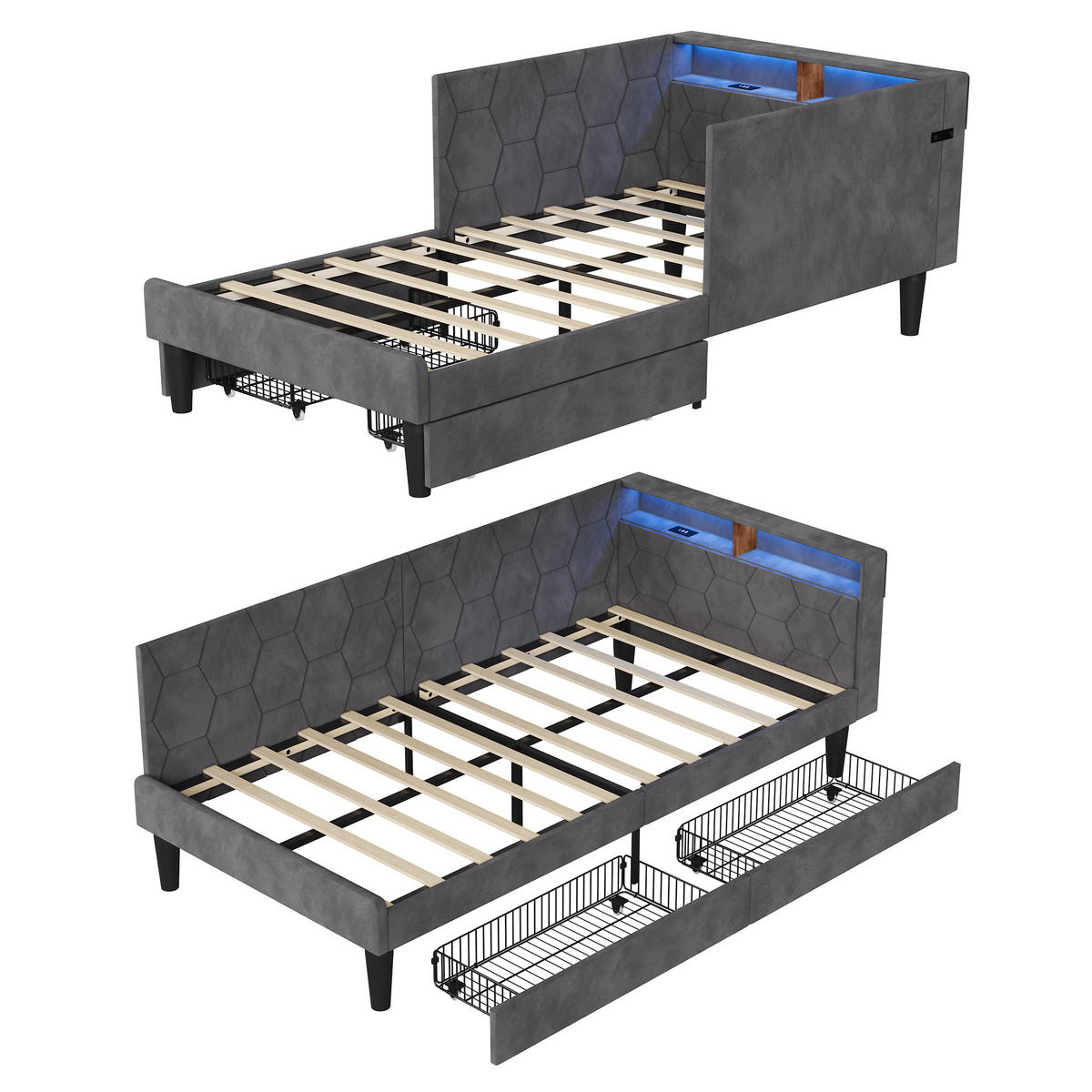 POLSTERBETT 90x200 cm, Stauraumkopf mit Ablagen, 2 Schubladen, LED und USB, Samt in Grau - Grau, Holz (90/200cm) - BRILVERDE