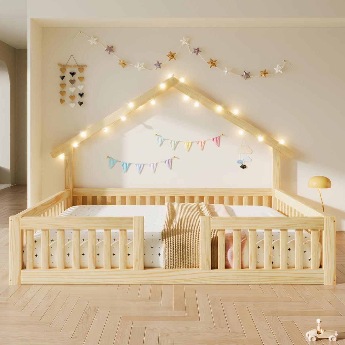 HAUSBETT 140/200 cm in Natur mit Rausfallschutz und LED Holz Design - Naturfarben, Holzwerkstoff (140/200cm) - STILVORA