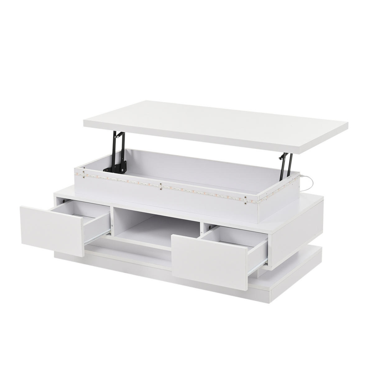 COUCHTISCH 100/50/40 cm höhenverstellbar mit LED-Beleuchtung, USB-Anschluss und Stauraum aus Spanplatte, Weiß - Weiß, Holzwerkstoff (100/50/40cm) - Modfu