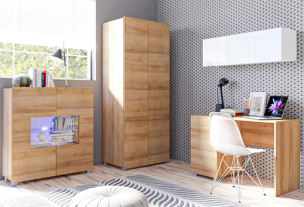 WOHNWAND Kossana 8 Modern Weiß/Goldene Eiche 290/200/52 cm - Funktional Modern - Hellbraun/Weiß, Holzwerkstoff/Kunststoff (290/200/52cm) - AX Living
