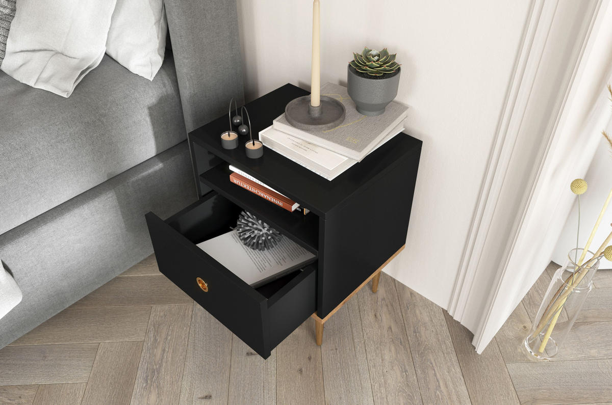 NACHTTISCH Harmoni, Schwarz, Eiche, Goldene Details - Goldfarben/Schwarz, Holzwerkstoff/Metall (44/54/38cm) - Skandica