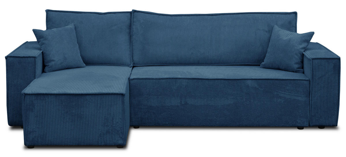 ECKSOFA Hugo L in L-Form mit Schlaffunktion und Bettkasten, Farbe: Blau, Cordstoff, Ottomane Unsiversal - Blau, Textil (244/145cm) - VENASI MÖBEL