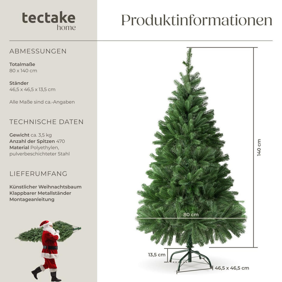 WEIHNACHTSBAUM ,inklusive Metallständer mit Kunststoffkappen,grün - Grün, Kunststoff (140cm) - tectake