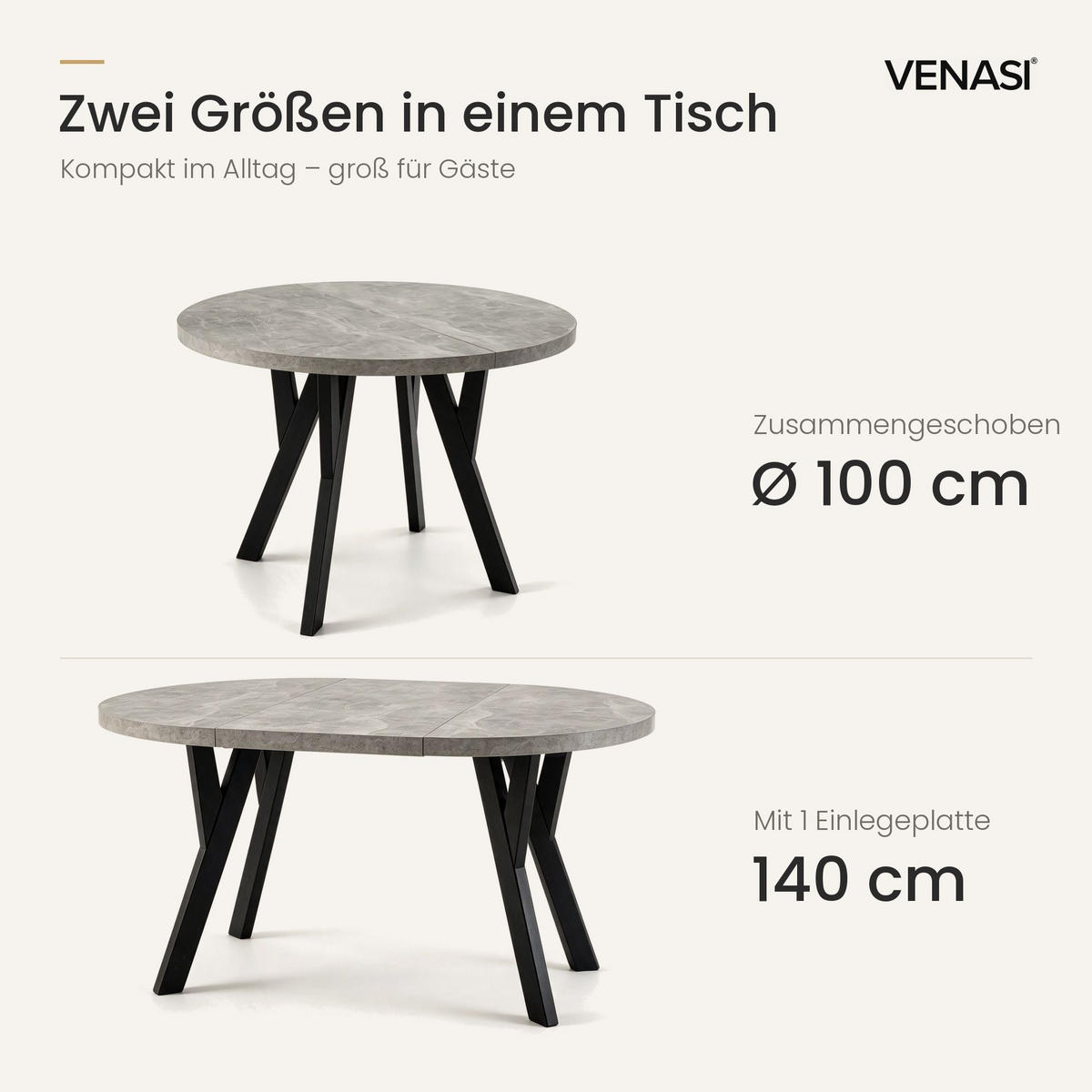 ESSTISCH ausziehbar rund 100-140 cm ATO Beton, Auszugstisch mit Einlegeplatte - Schwarz/Grau, Holzwerkstoff (100/100/77cm) - VENASI MÖBEL
