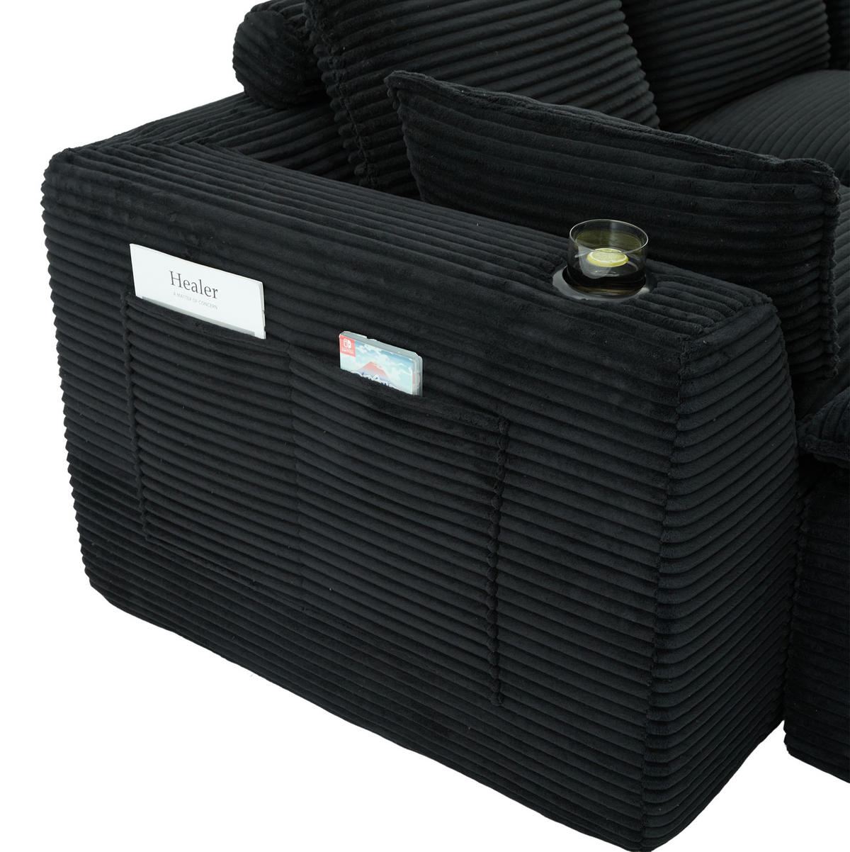 SOFA modular 4-Sitzer mit 2 Fußhockern 322 x 161 cm Cord Black - Schwarz, Kunststoff (161/75/256cm) - Meubliv