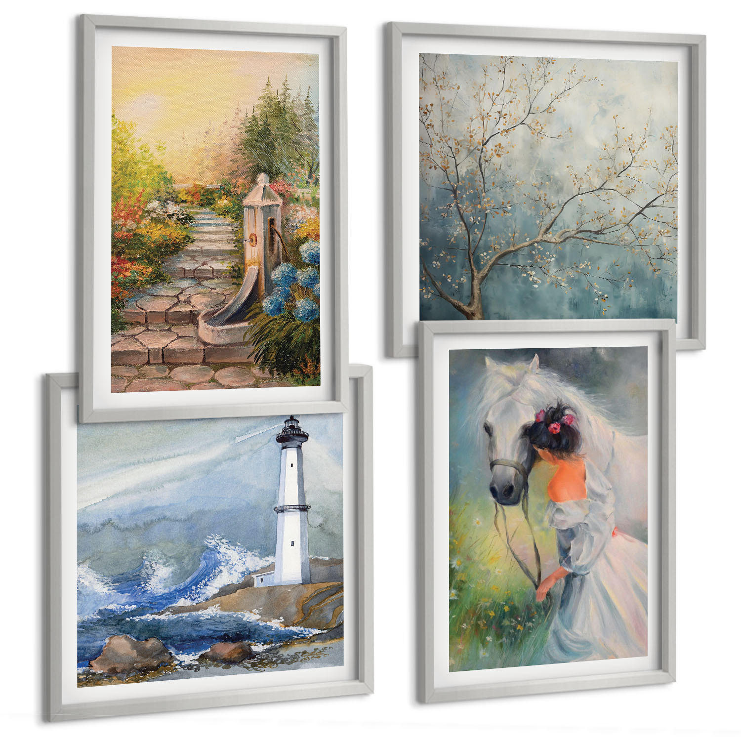 BILDER SET 4er Set - 50x50 cm & 40x60 cm Silberner Rahmen - Leuchtturm, Landschaft, Mädchen, Pferd - Silberfarben, Kunststoff (50/50cm) - TULUP
