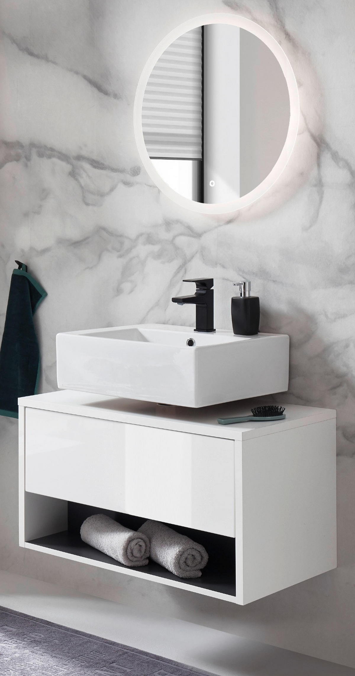 BADMÖBEL Set 2-teilig in weiß Hochglanz und grau mit LED Beleuchtung 80 x 190 cm Glide - Weiß Hochglanz/Grau, Glas/Holzwerkstoff (80/190/46cm) - Furn.Design