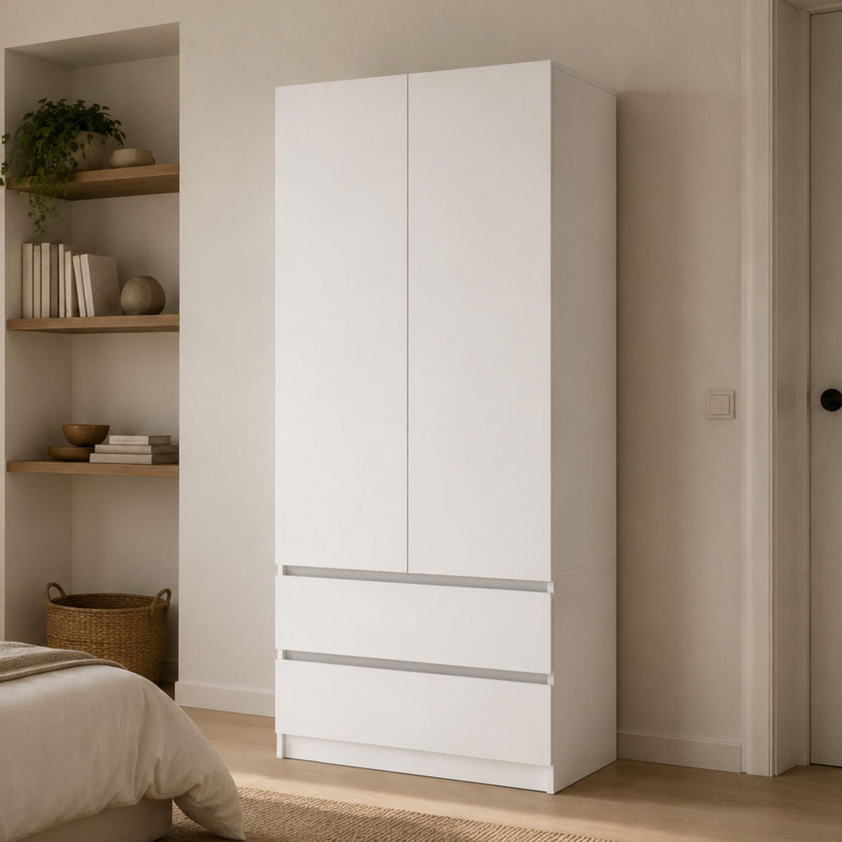 KLEIDERSCHRANK mit 2 Türen und Schubladen in Weiß - Weiß, Holzwerkstoff (90/180/50cm) - Home Collective