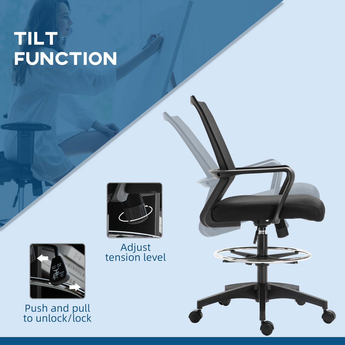 KANCELÁŘSKÁ ŽIDLE Ergonomická kancelářská židle s nastavitelným podnožím, funkce houpání - černá, plast (59/124/64cm) - Vinsetto