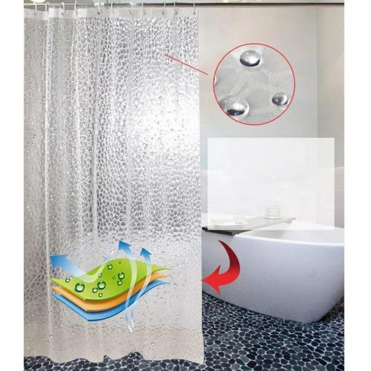 DUSCHVORHANG 72 x 78 cm transluzent 3D Wasserwürfel gefüttert mit Haken - Transparent, Kunststoff (72/78cm) - MCBOSON
