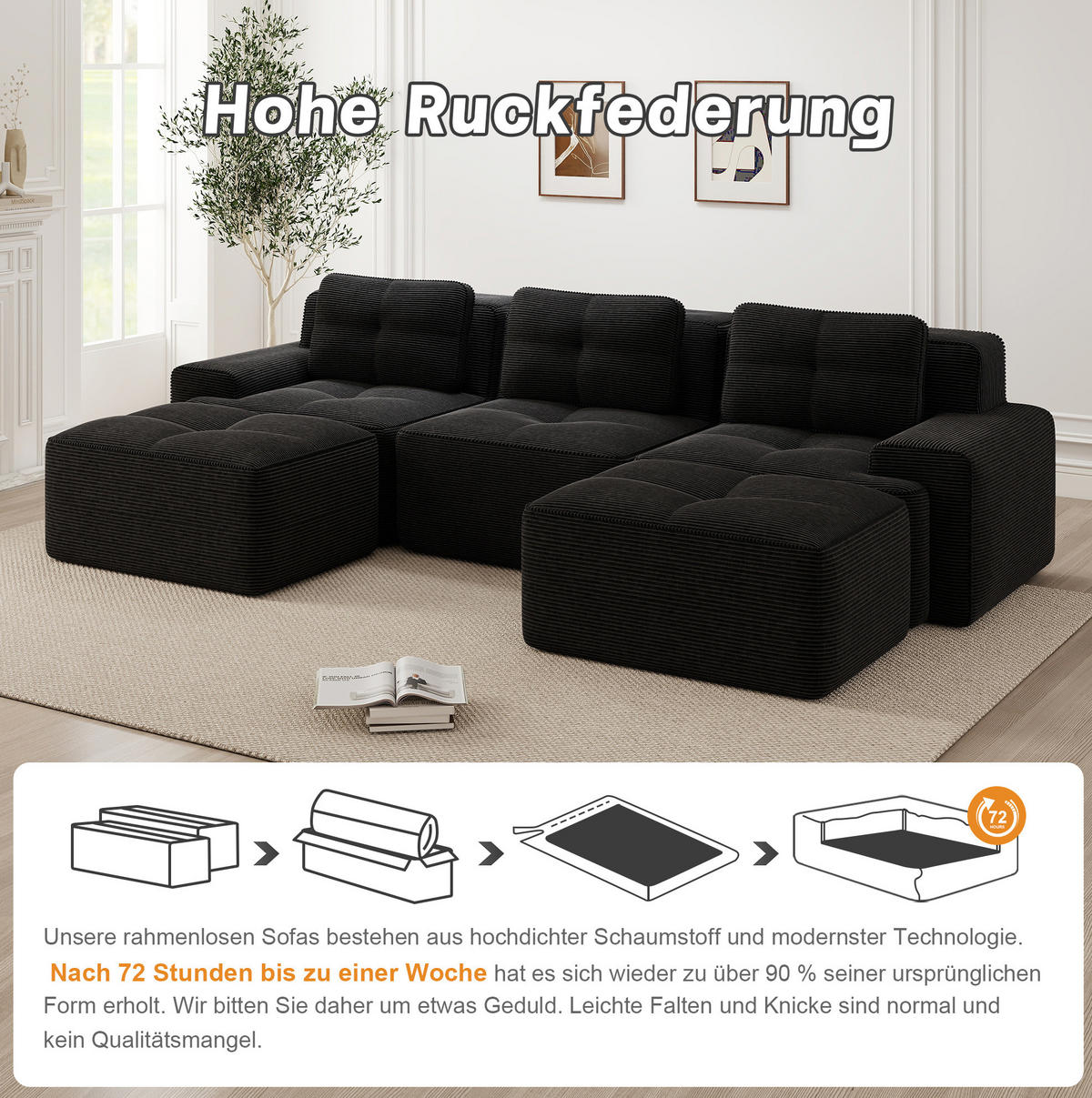 MODULARES Sofa aus Cord Schwarz 293x177x69 cm mit Ottoman und 74 cm Sitztiefe - Schwarz, Textil (177/293cm) - IVMEU