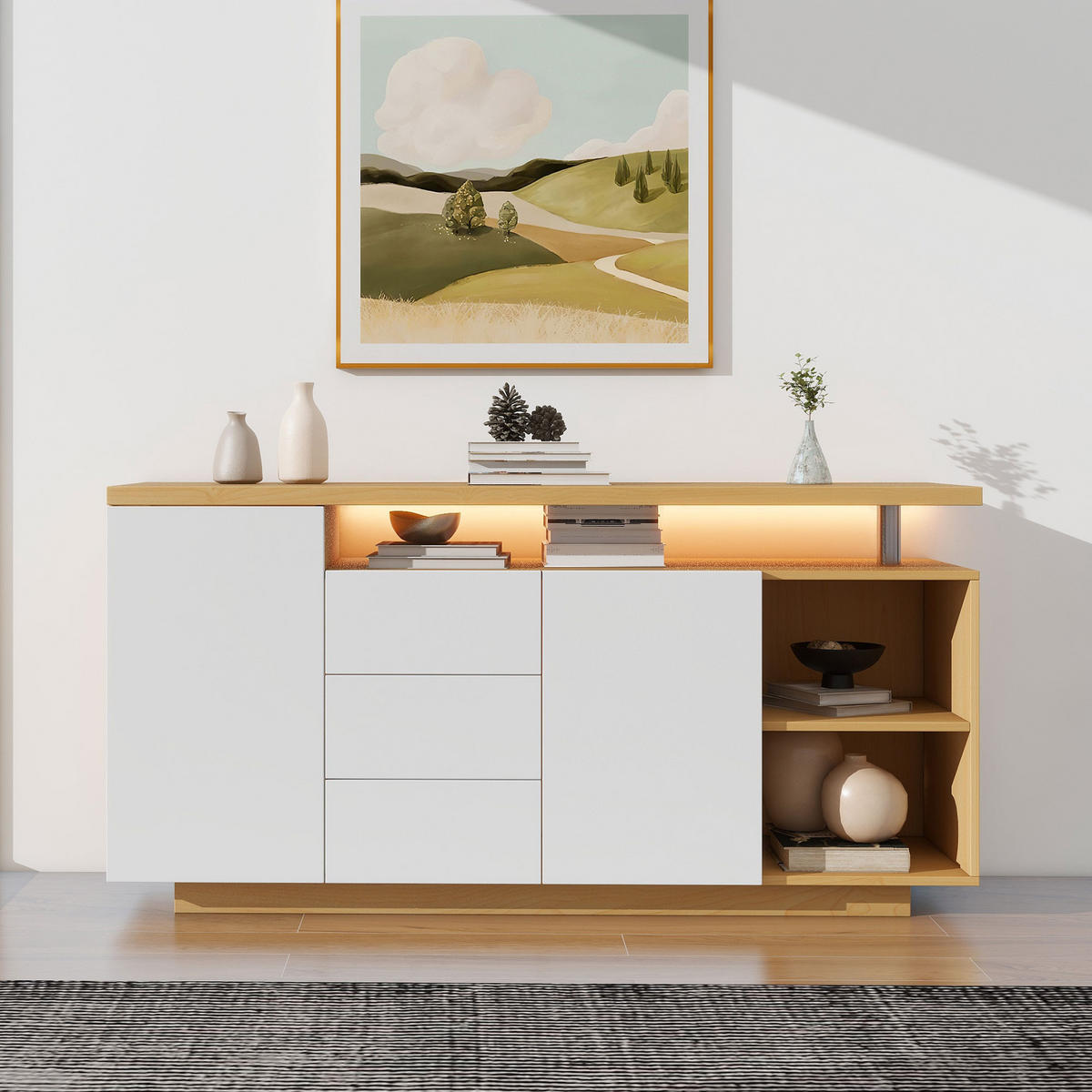 SIDEBOARD 140/40/70 cm in Weiß und Eiche aus Spanplatte mit LED-Beleuchtung - Weiß/Naturfarben, Holzwerkstoff (140/70/40cm) - CHICFURN