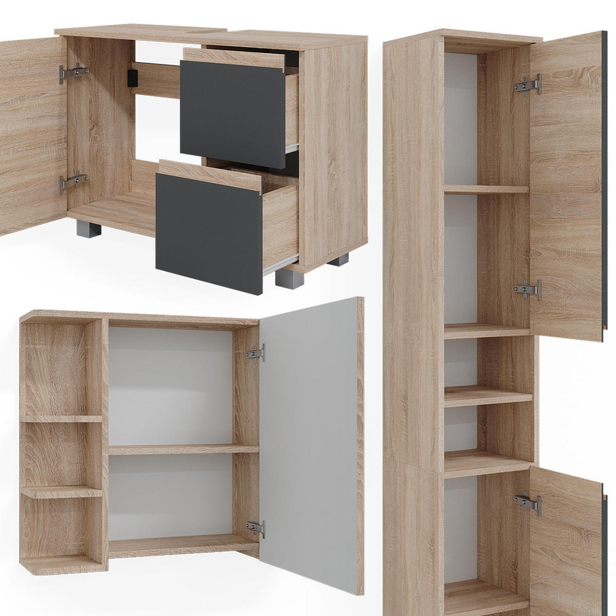BADMÖBEL-SET J-Shape Sonoma 3 Teile, mit Hochschrank - Anthrazit/Sonoma Eiche, Holzwerkstoff (80/60/33cm) - Vicco
