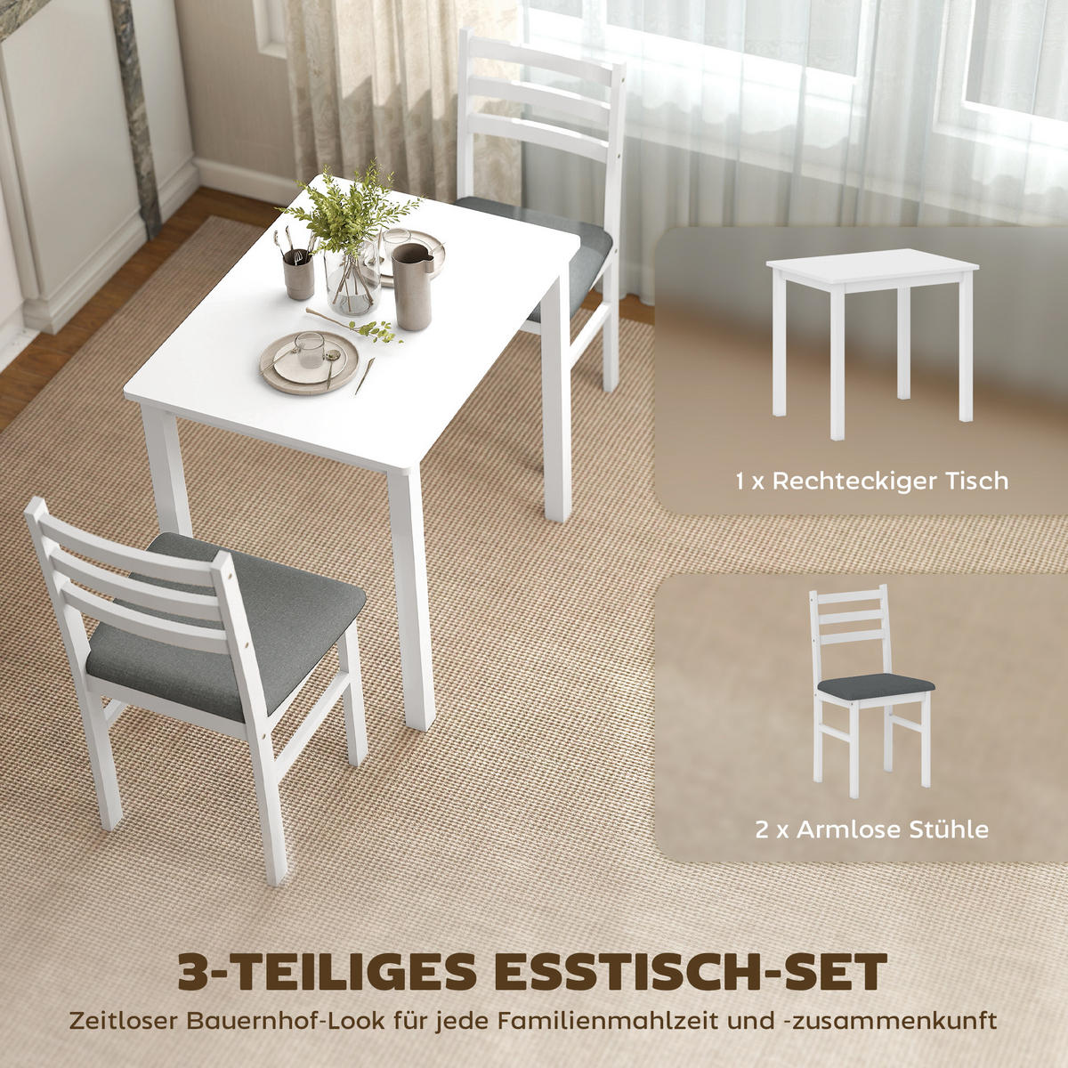 ESSGRUPPE 3er Set Kautschukholz MDF Weiß - Weiß/Grau, Holz/Textil (60/74.5/80cm) - HOMCOM