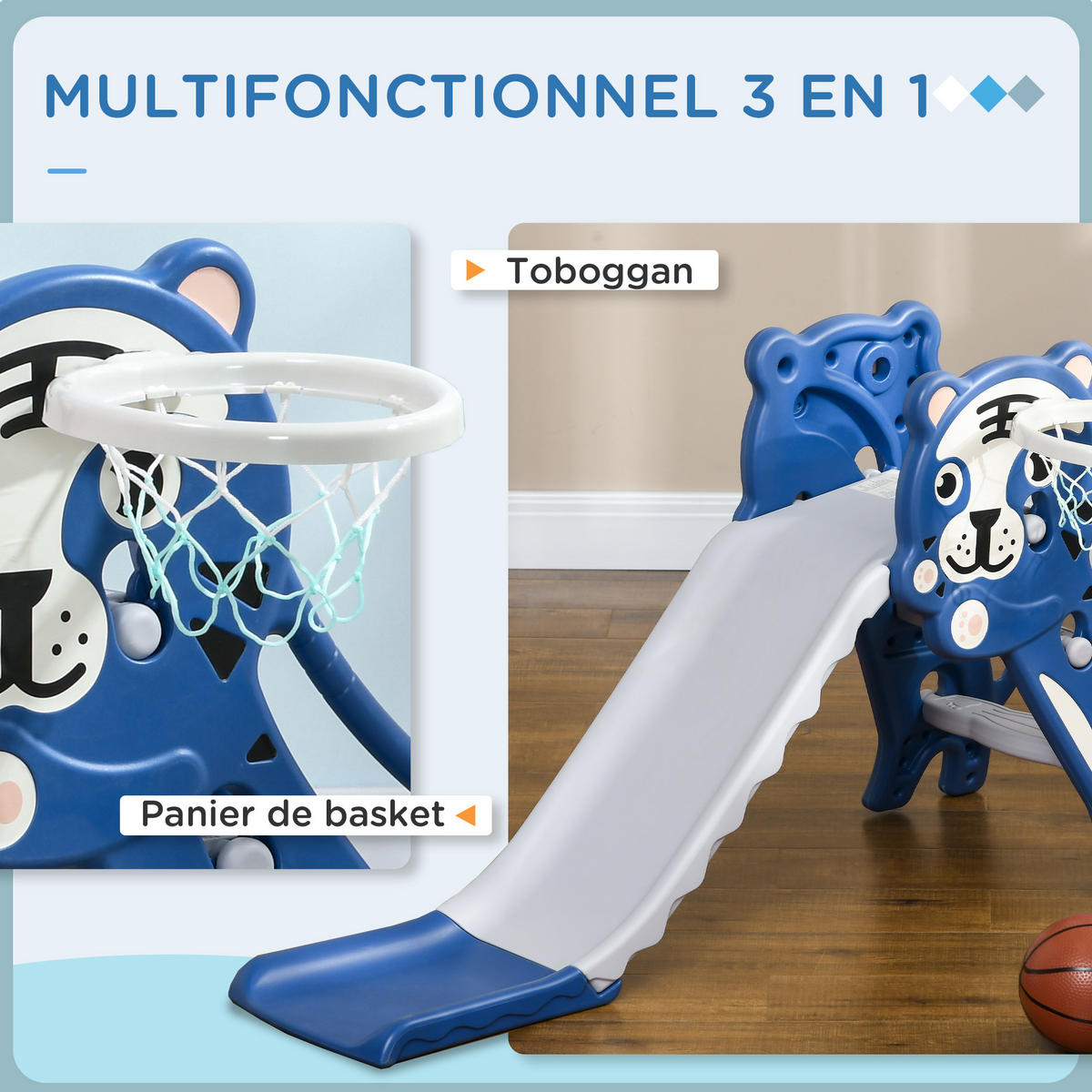 KINDERRUTSCHE DE-17970 3-in-1 mit Basketballkorb & Tigermotiv Blau - Blau, Kunststoff (60/70/133cm) - ComfortXL