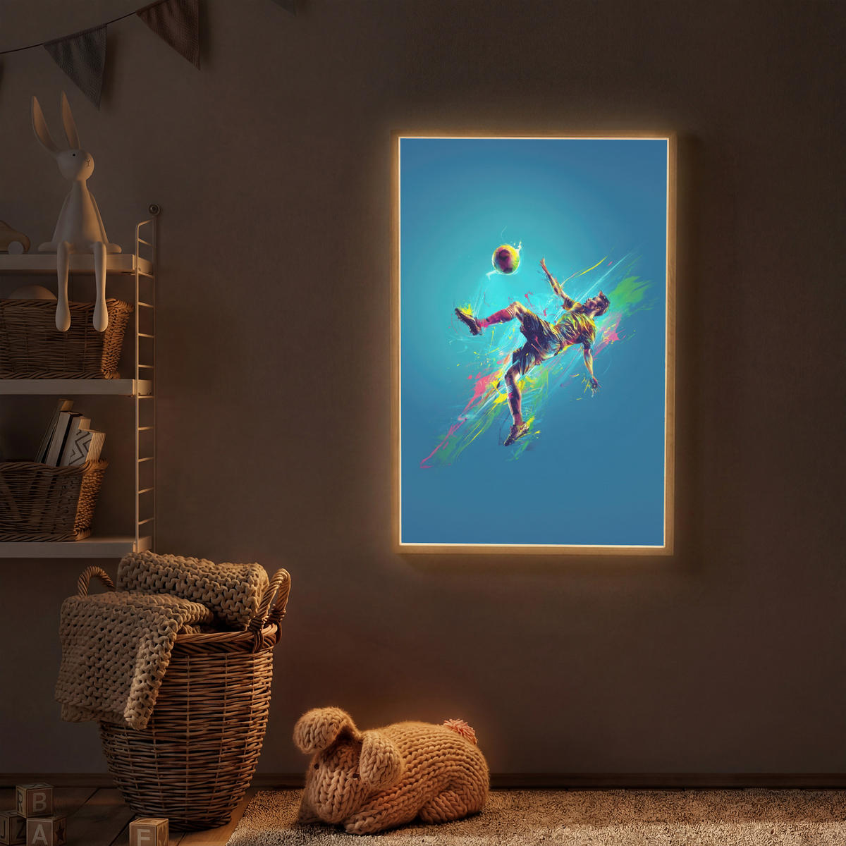 NÁSTĚNNÁ LAMPA S AKUMULÁTOREM Fotbalista - Stříkající barva - Barevné - Míč 60x90 cm - modrá, kompozitní dřevo (60/90/8cm) - OnlyWow