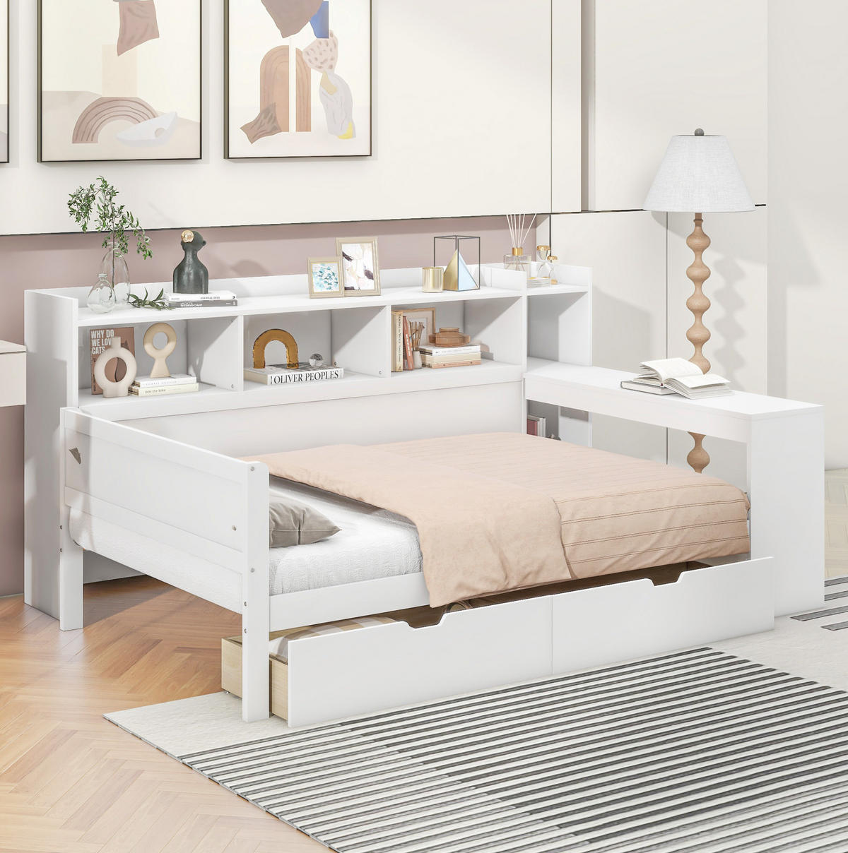 TAGESBETT 90/200 cm mit Schreibtisch, USB-Anschluss, Steckdose und 2 Schubladen, Weiß - Weiß, Holzwerkstoff (90/200cm) - Redom