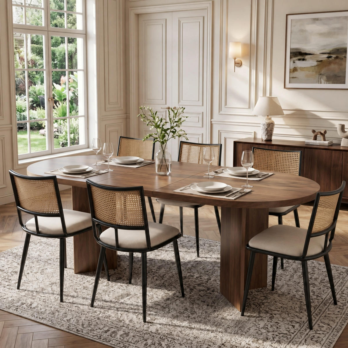 STUHL-SET DE-35955 6 Stück mit Rattan-Lehne und PU-Sitz Schwarz - Schwarz, Metall (48/80/46cm) - ComfortXL