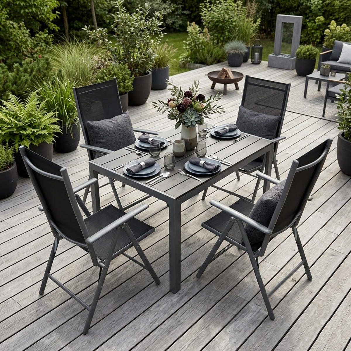 GARTEN-GARNITUR Ashford - 5-tlg. (4x Klappsessel mit Armlehnen, 1x Tisch 125x70cm), Gestelle aus Aluminium grau - Schwarz, Metall - TPFGarden