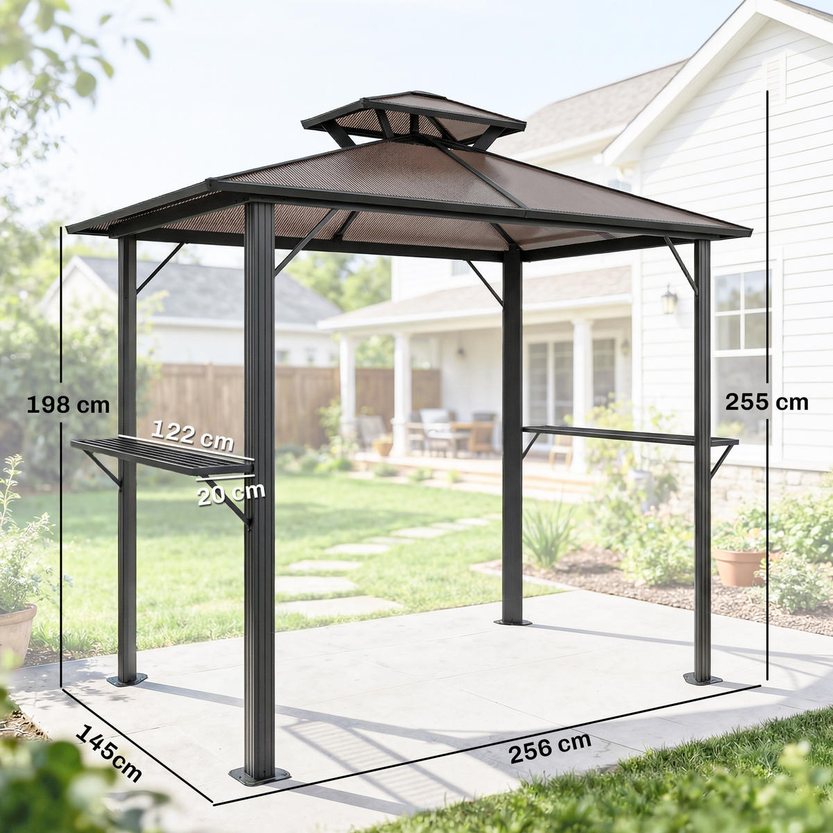 GRILLPAVILLON Aluminium Polycarbonat Braun - Schwarz/Braun, Metall (145/255/256cm) - Outsunny
