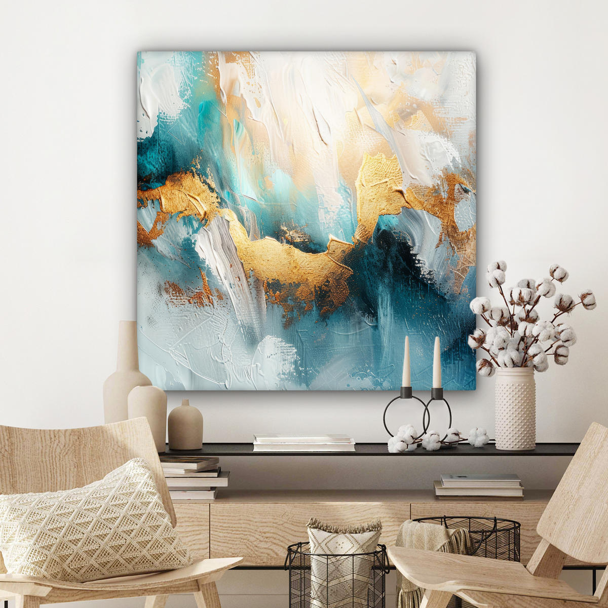 LEINWANDBILD Abstrakt - Kunst - Gold - Blau 90x90 cm - Petrol, Textil (90/90cm) - MuchoWow