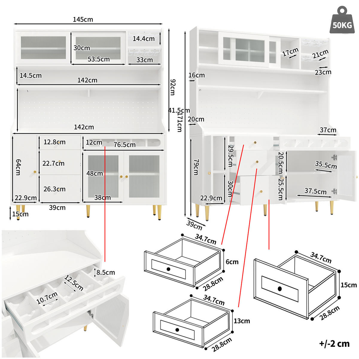 BUFFETSCHRANK 145/39/171 cm mit LED-Beleuchtung, verstellbaren Einlegeböden und Weinregal, Weiß - Weiß, Glas (145/171/39cm) - Redom
