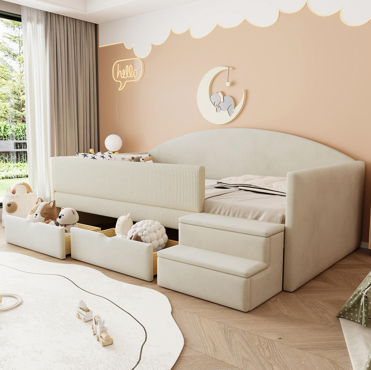 KINDER-POLSTERBETT 90/190 cm aus Samt mit 2 Schubladen und Schutzbügel Beige - Beige, Textil (90/190cm) - Modenvie