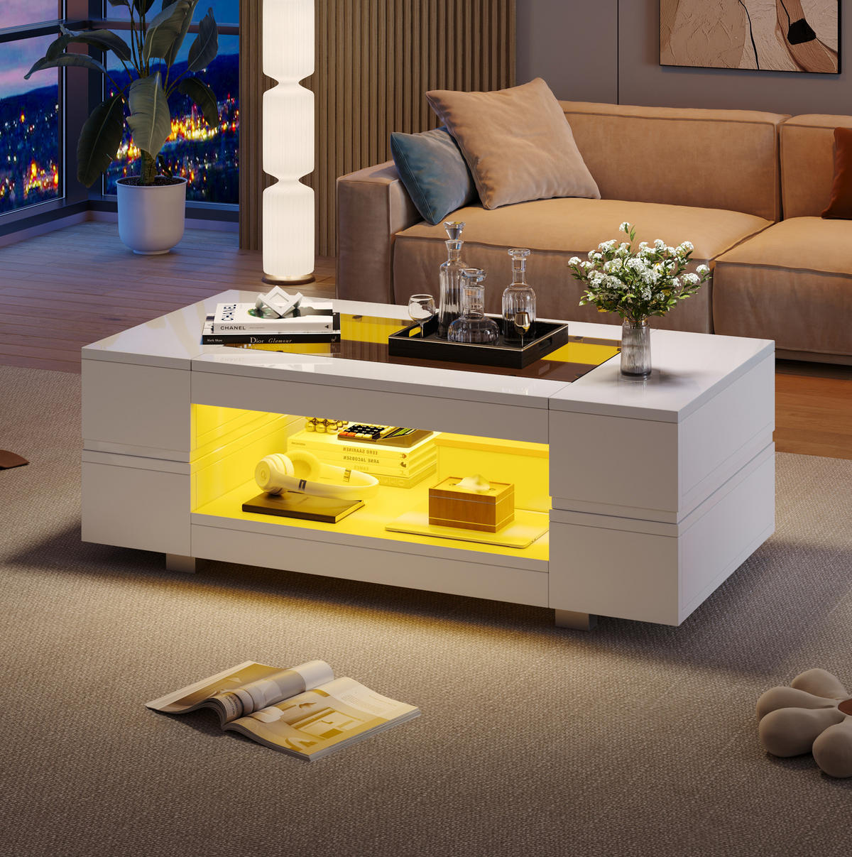 KONFERENČNÍ stolek 100/50/35 cm bílý z dřevotřísky s LED osvětlením a skleněnou deskou - bílá, kompozitní dřevo (100/50/35cm) - OKWISH