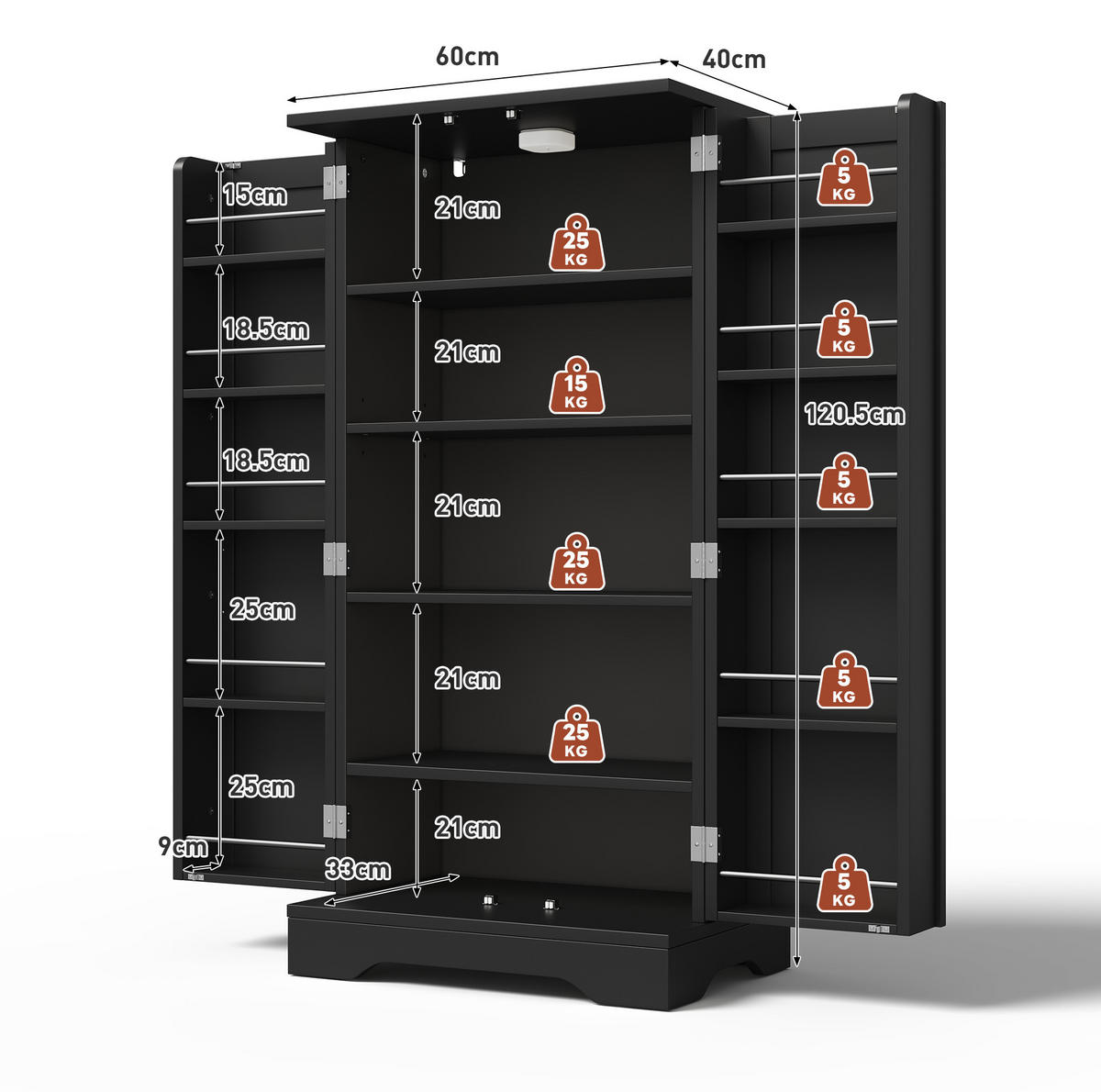ANRICHTE Hochschrank 120/60/40 cm aus MDF mit LED-Sensorlicht und verstellbaren Regalböden Schwarz - Schwarz, Holzwerkstoff (60/120/40cm) - Modenvie