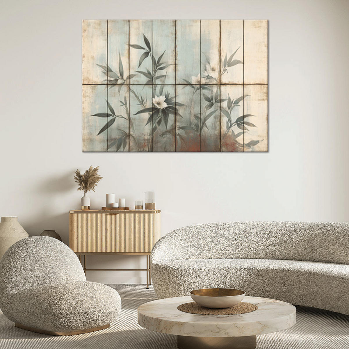 WANDBILD pflanzenstängel und blumen pastellfarbener hintergrund - Beige, Textil (60/40cm) - Feeby