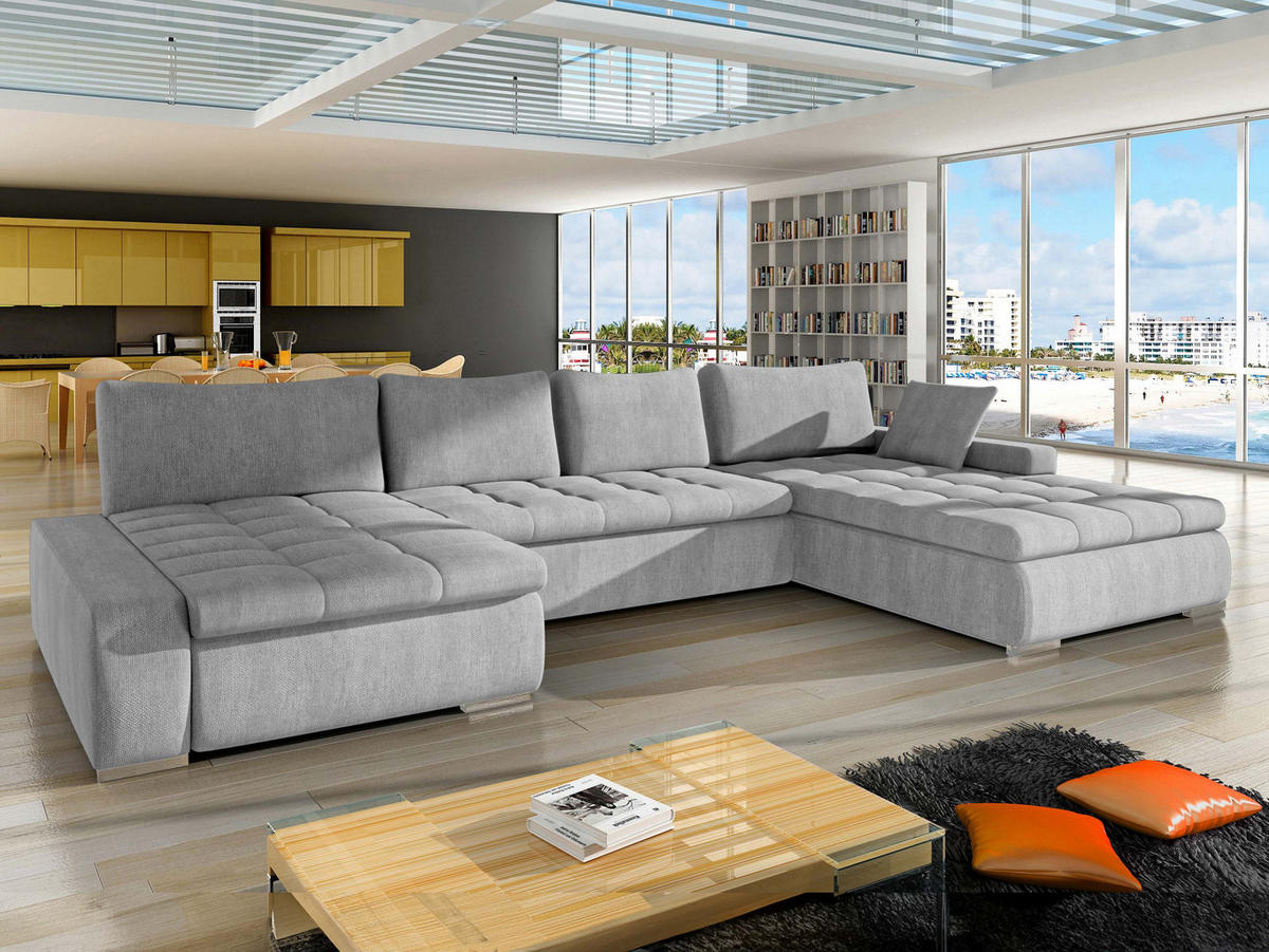 WOHNLANDSCHAFT Caro - Greige/Silberfarben, Holz/Textil (394/80/213cm) - MIRJAN24