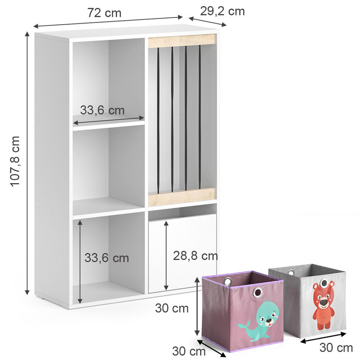 KINDERREGAL Luigi Weiß 72 x 107.8 cm mit 2 Faltboxen opt.3 - Weiß, Holzwerkstoff (29.2/107.8/72cm) - Vicco