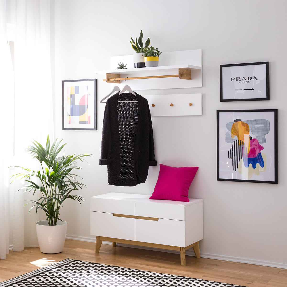 GARDEROBENBANK - Eiche teilmassiv - Weiß, Holzwerkstoff (97/53/40cm) - home24