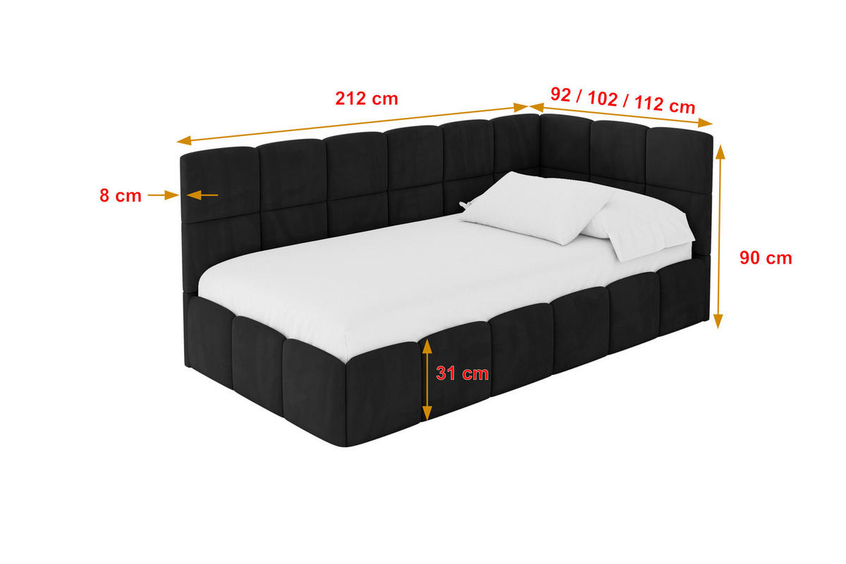 EINZELBETT Jugendbett mit Bettkasten Links, mit Matratze - LIVY 80x200 Schwarz - Schwarz, Holzwerkstoff/Textil (80/200cm) - ALTDECOR