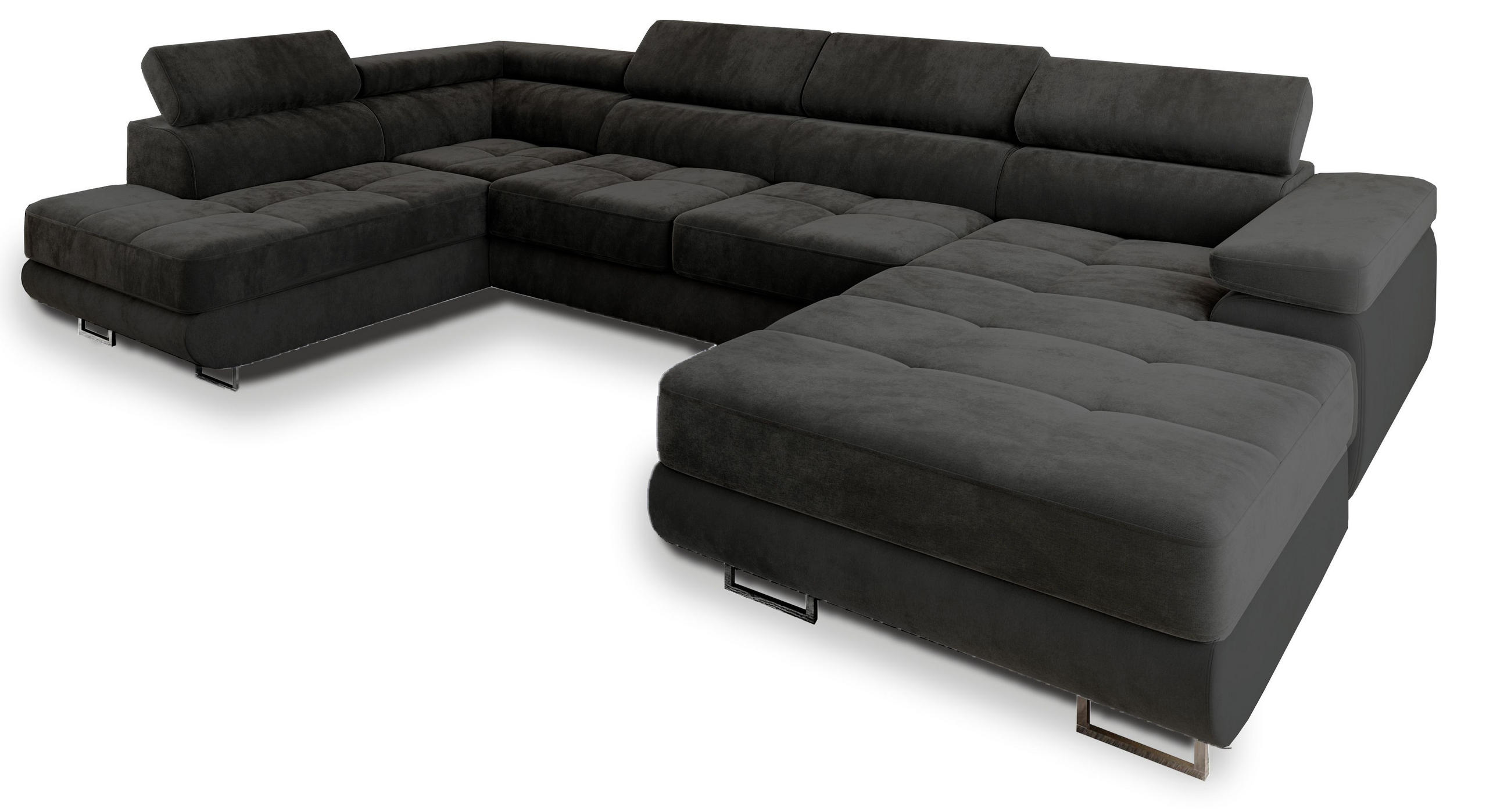 WOHNLANDSCHAFT CASONE L-S Schwarz Velours-Stoff mit Schlaffunktion - Schwarz, Holz (345/90/202cm) - MASSENO