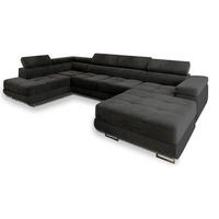 WOHNLANDSCHAFT CASONE L-S Schwarz Velours-Stoff mit Schlaffunktion - Schwarz, Holz (345/90/202cm) - MASSENO