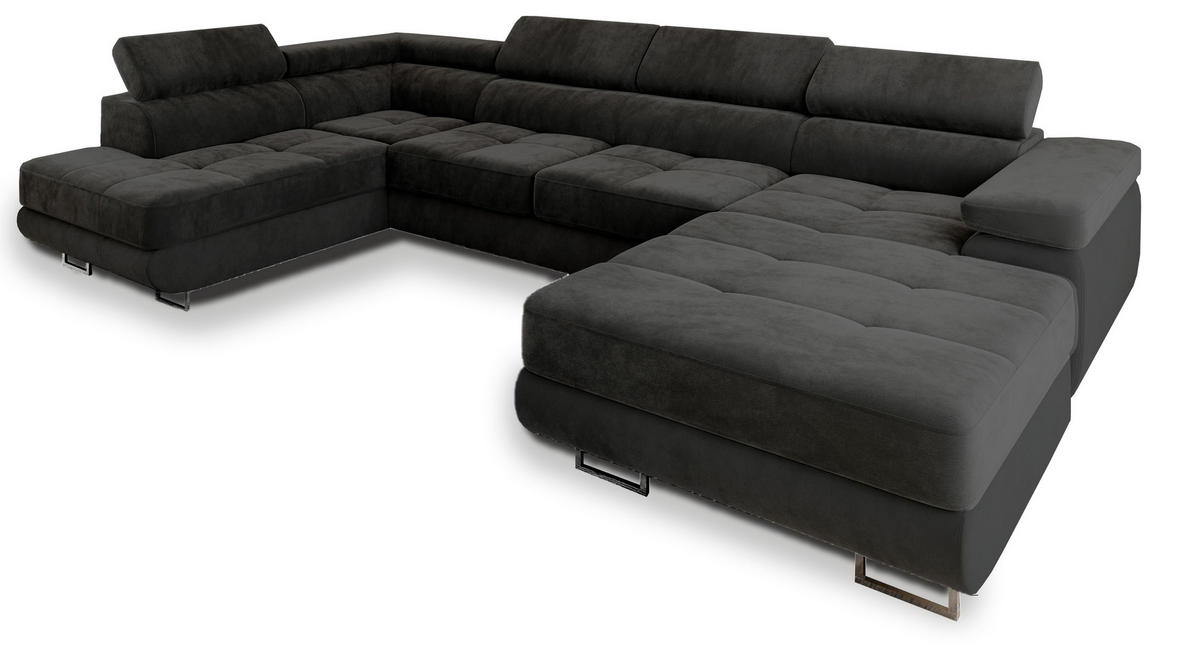 WOHNLANDSCHAFT CASONE L-S Schwarz Velours-Stoff mit Schlaffunktion - Schwarz, Holz (345/90/202cm) - MASSENO