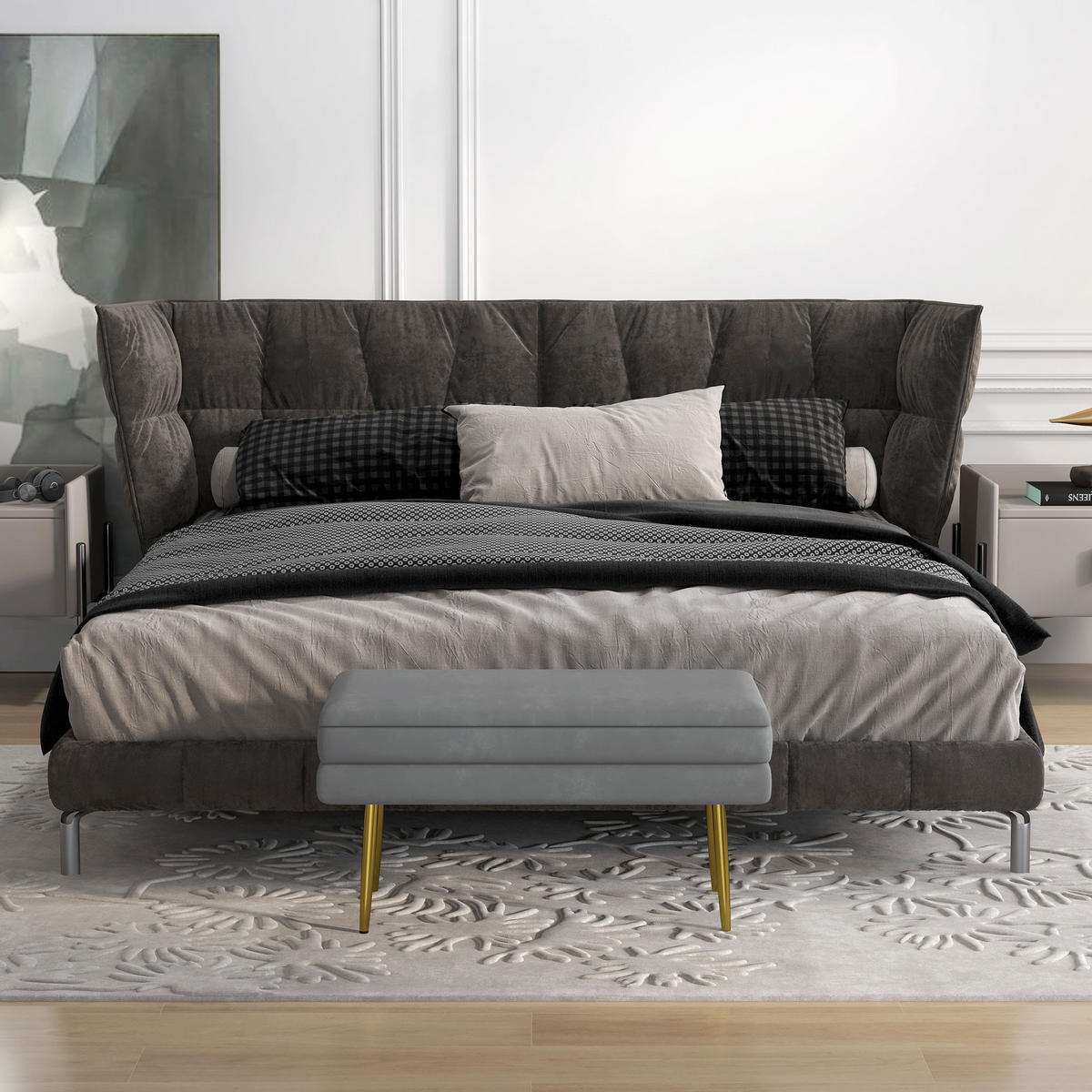 TRUHENBANK DE-07199 mit Samtoptik Dunkelgrau - Dunkelgrau, Textil/Metall (37.5/43/79.5cm) - ComfortXL