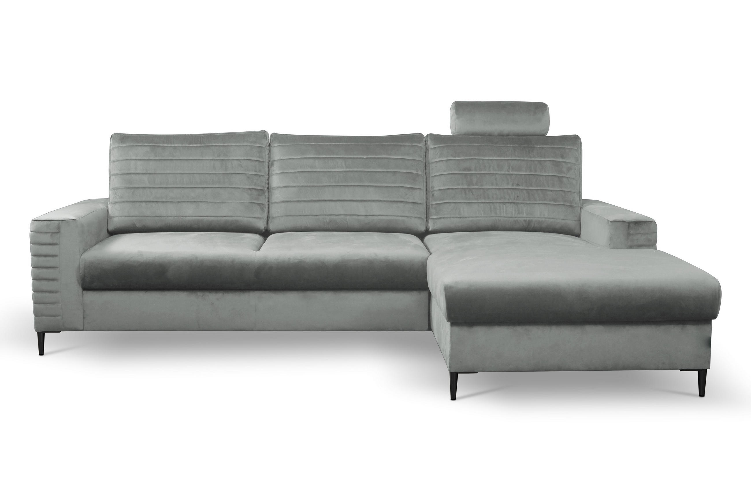 ECKSOFA GRIFO R-S Grau Velours-Stoff mit Schlaffunktion - Grau, Holz (253/165cm) - MASSENO