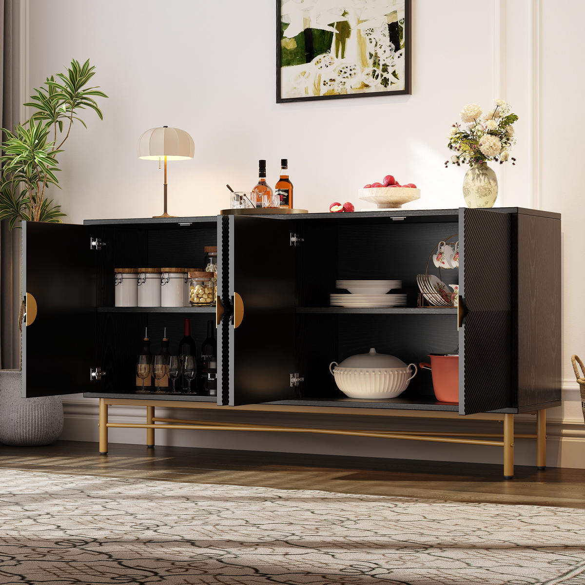 SIDEBOARD mit 2 Türen & 3 Schubladen, Schwarz & Holzoptik, 120 x 40 x 80 cm - Schwarz, Holzwerkstoff/Metall (160/82/40cm) - Urban Meuble