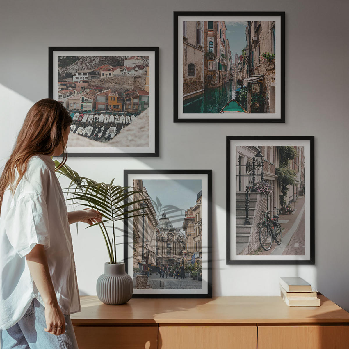 WANDBILDER 4er-Set - 50x50 cm & 40x60 cm Schwarzer Rahmen - Die charmanten Straßen der Hafenstädte - Schwarz, Kunststoff (50/50cm) - ArtPrintCave