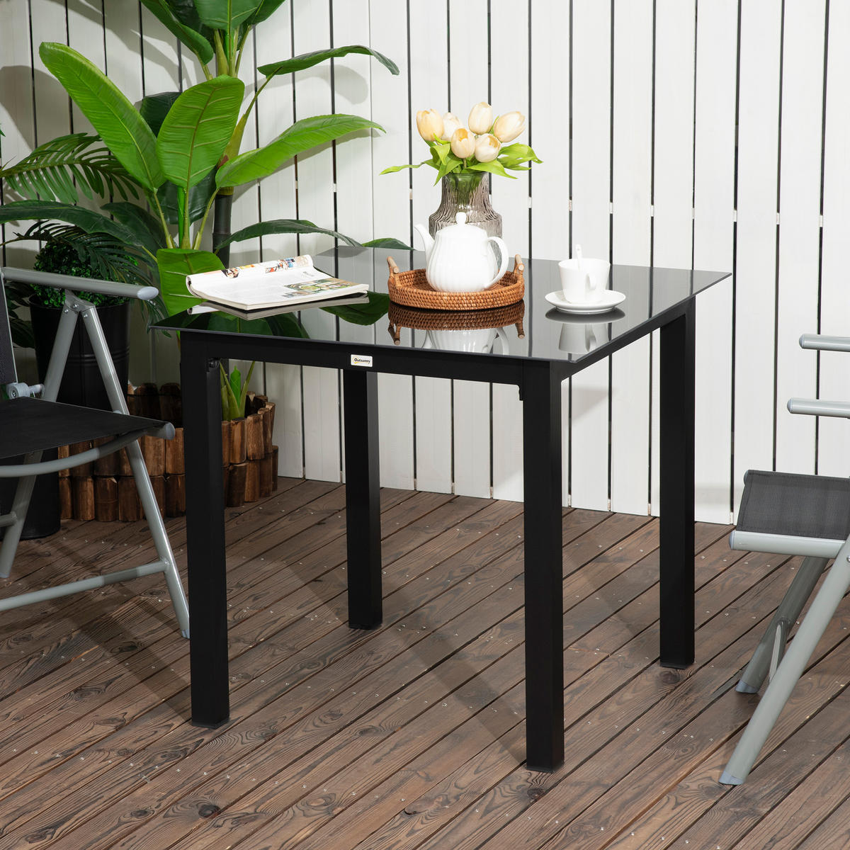 GARTENTISCH DE-07257 für 4 Personen mit Glasplatte Schwarz - Schwarz, Metall (80/80/74cm) - ComfortXL
