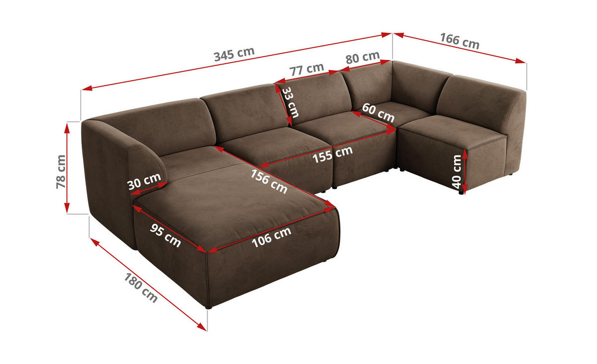 WOHNLANDSCHAFT MODARO U 5M - Braun Velvet - Links - Schwarz/Braun, Textil (180/78/345cm) - MKS