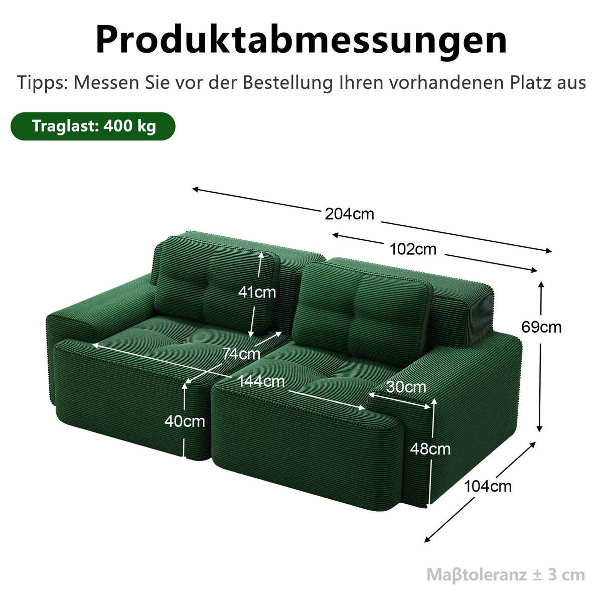 2-SITZER-SOFA DE-34113 modular mit Tiefsitz Grün - Grün, Textil (104/69/204cm) - ComfortXL