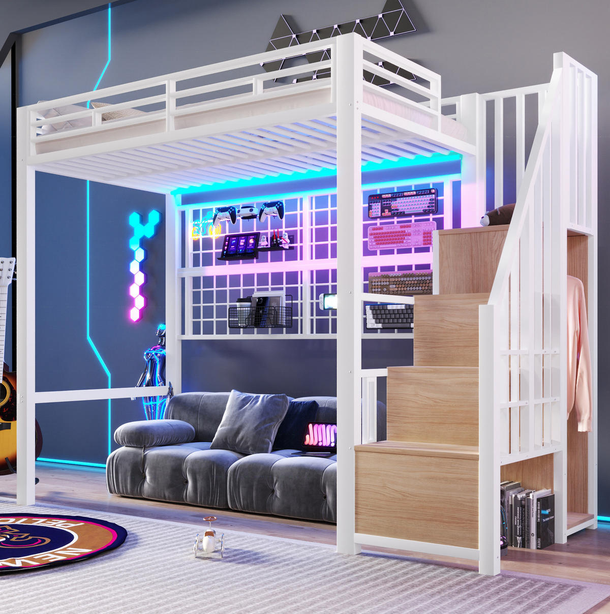 HOCHBETT 90/200 cm aus Metall/MDF mit Stauraumleiter, Kleiderschrank und 7-Farben-LED Weiß - Weiß, Metall (90/200cm) - Modenvie