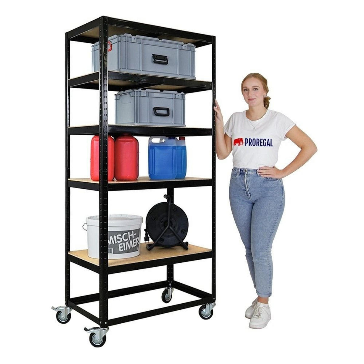 KOMMISSIONIERWAGEN BÜFFEL, 190x90x50cm, 5 Ebenen, Fachlast 50kg, 2X Lenkrollen & 2X Lenkrollen mit Feststellbremse, Schwarz - Schwarz, Metall (90/190/50cm) - PROREGAL