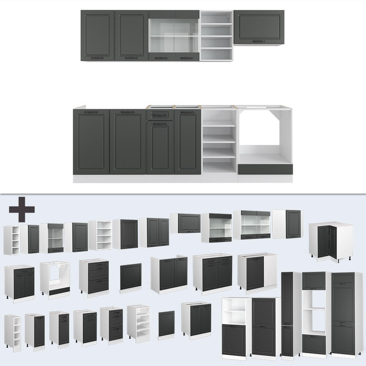 KÜCHENZEILE R-Line Anthrazit Landhaus/Weiß 240 cm ohne AP - Dunkelgrau/Weiß, Holzwerkstoff (240/81.6/46cm) - Vicco