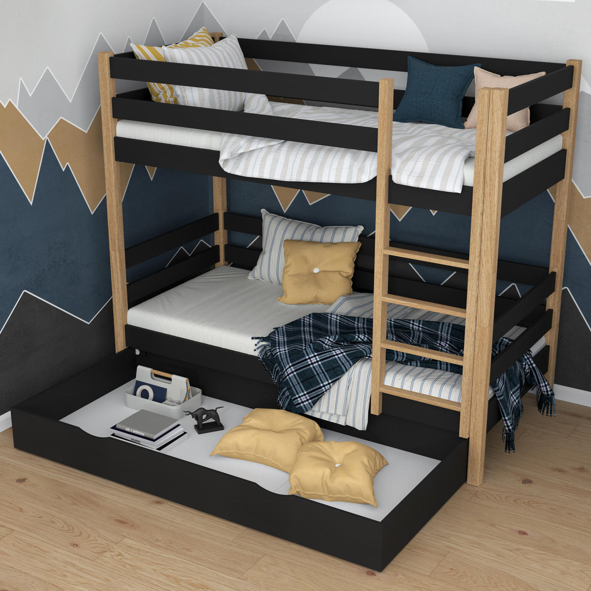 ETAGENBETT N01 mit Schublade Schwarz / Eiche Natur 90/200 - Schwarz/Eiche Artisan, Naturmaterialien/Holz (90/200cm) - N-Wood