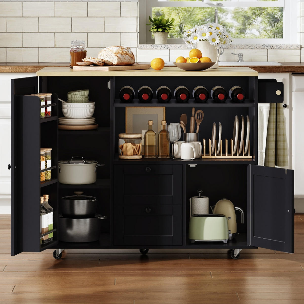 KÜCHENINSEL MOBILE Klappbar mit Weinregal, MDF, 104/69/89 cm - Naturfarben, Kunststoff (69/89/104cm) - Rolipo